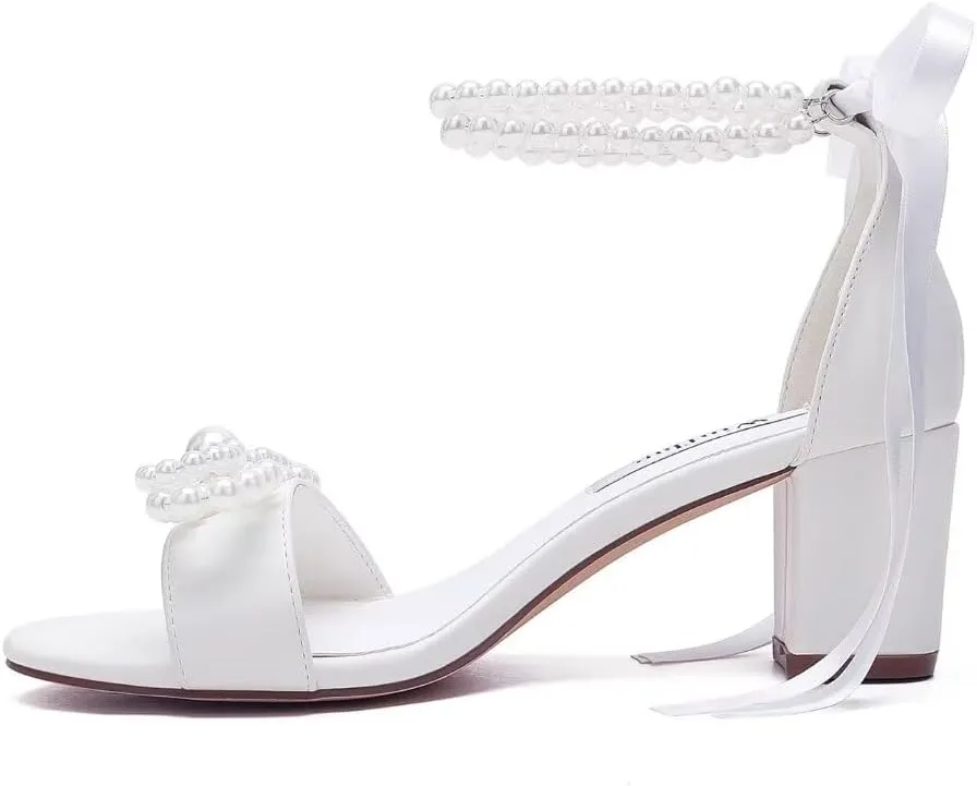 Pearl Heels Bridal Shoes Wedding Shoes for Bride Block Heel Wedding Sandals Wedding Heels with Bow
