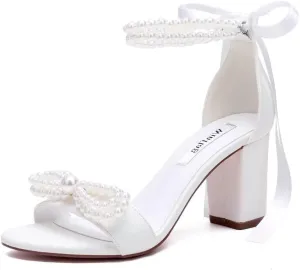 Pearl Heels Bridal Shoes Wedding Shoes for Bride Block Heel Wedding Sandals Wedding Heels with Bow