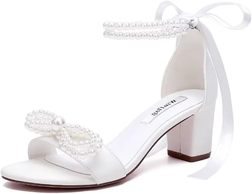 Pearl Heels Bridal Shoes Wedding Shoes for Bride Block Heel Wedding Sandals Wedding Heels with Bow