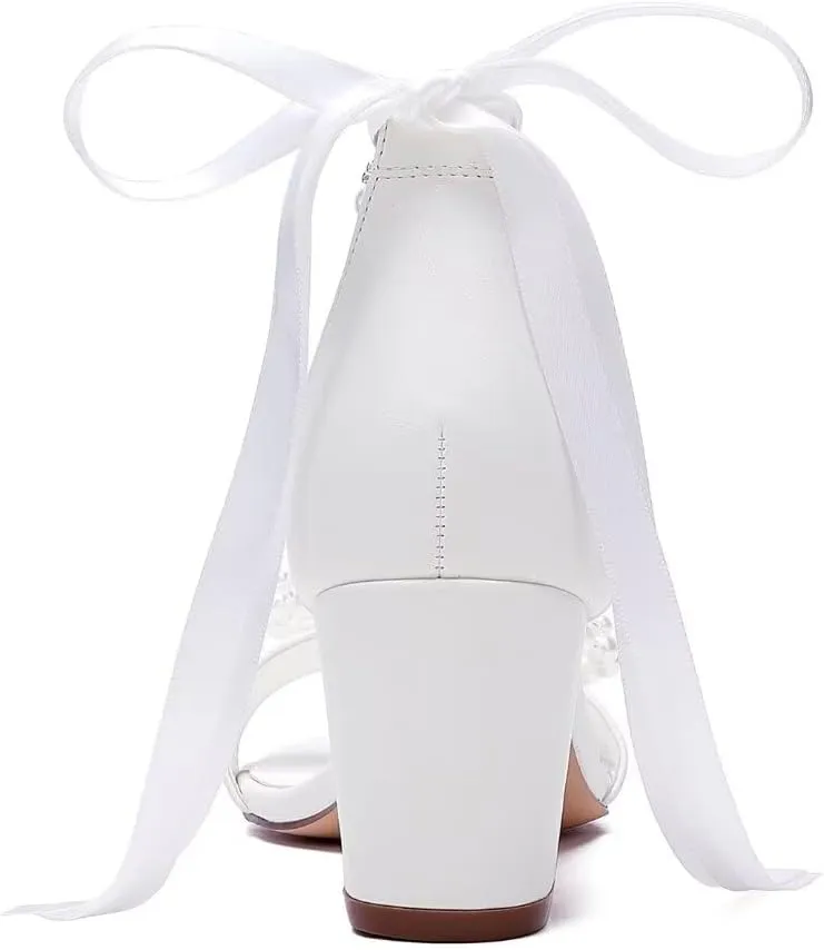 Pearl Heels Bridal Shoes Wedding Shoes for Bride Block Heel Wedding Sandals Wedding Heels with Bow