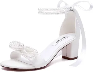 Pearl Heels Bridal Shoes Wedding Shoes for Bride Block Heel Wedding Sandals Wedding Heels with Bow