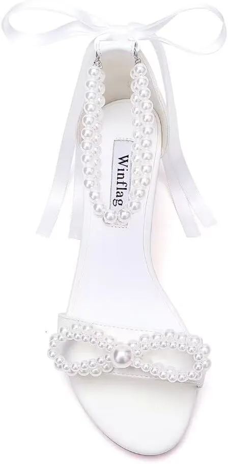 Pearl Heels Bridal Shoes Wedding Shoes for Bride Block Heel Wedding Sandals Wedding Heels with Bow