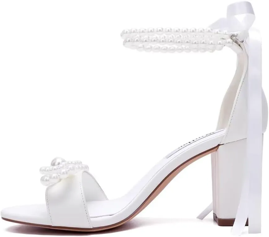Pearl Heels Bridal Shoes Wedding Shoes for Bride Block Heel Wedding Sandals Wedding Heels with Bow