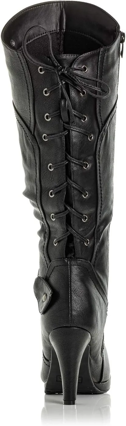 Peggy-01 Women's Knee High Vegan Round Toe Lace Up Style Full Zip Slouched High Heel Boot