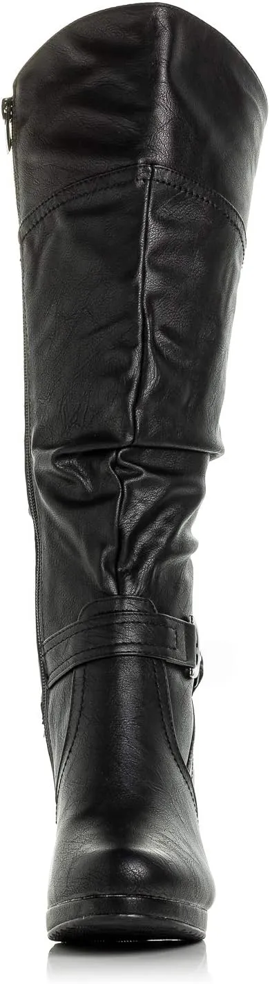 Peggy-01 Women's Knee High Vegan Round Toe Lace Up Style Full Zip Slouched High Heel Boot