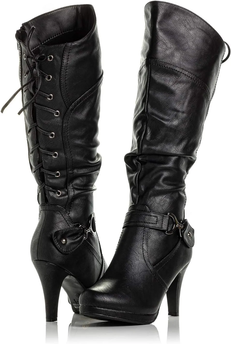 Peggy-01 Women's Knee High Vegan Round Toe Lace Up Style Full Zip Slouched High Heel Boot