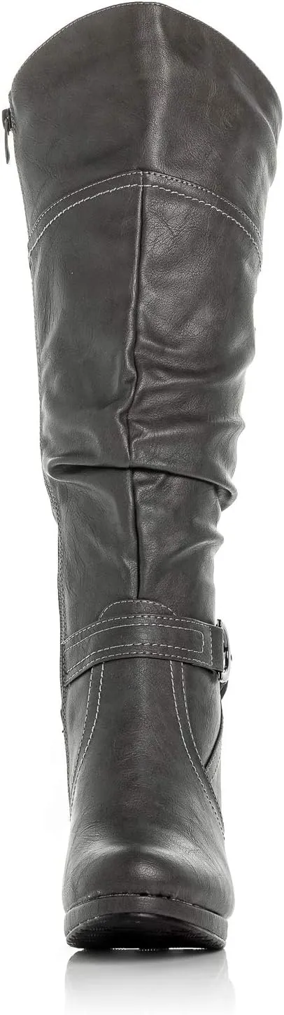 Peggy-01 Women's Knee High Vegan Round Toe Lace Up Style Full Zip Slouched High Heel Boot