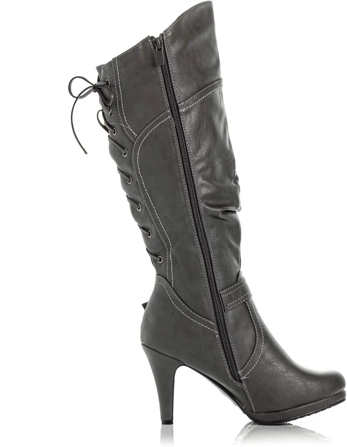 Peggy-01 Women's Knee High Vegan Round Toe Lace Up Style Full Zip Slouched High Heel Boot