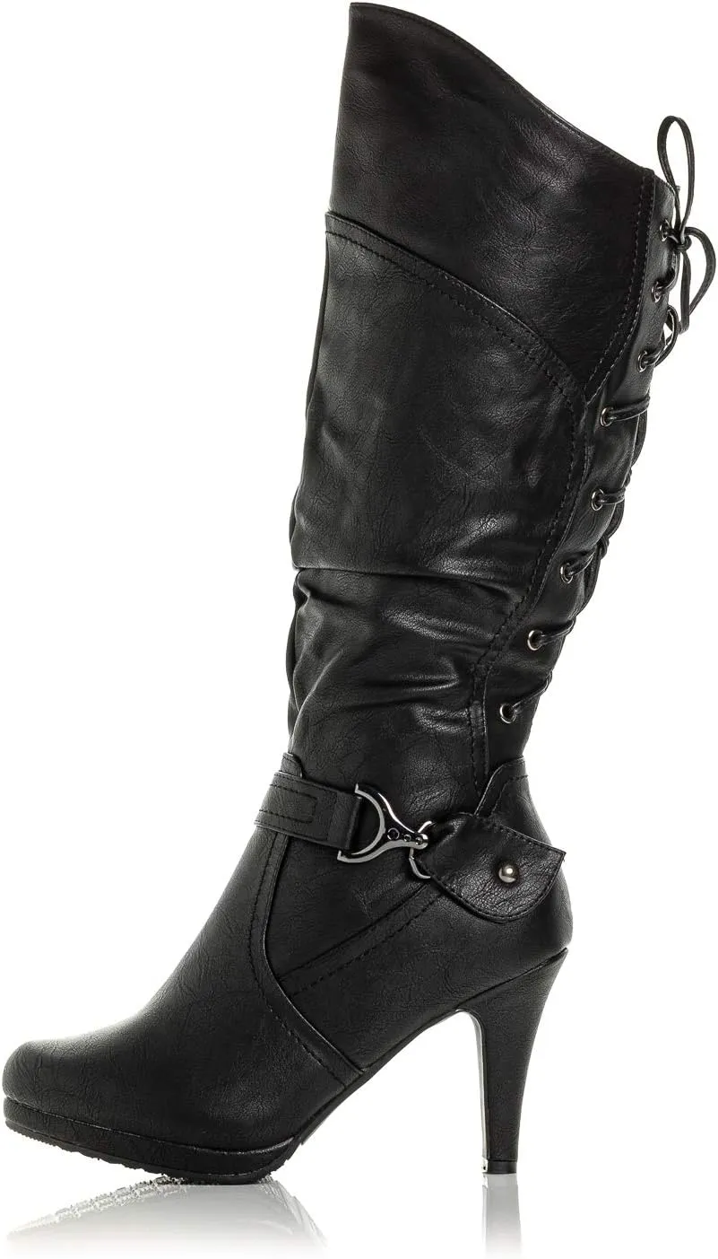 Peggy-01 Women's Knee High Vegan Round Toe Lace Up Style Full Zip Slouched High Heel Boot