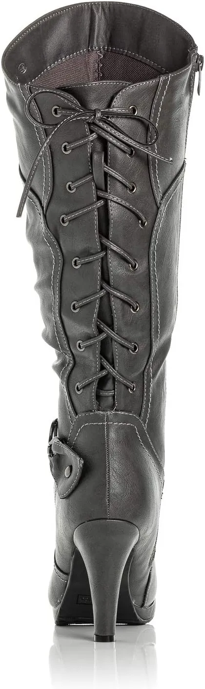 Peggy-01 Women's Knee High Vegan Round Toe Lace Up Style Full Zip Slouched High Heel Boot