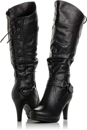 Peggy-01 Women's Knee High Vegan Round Toe Lace Up Style Full Zip Slouched High Heel Boot