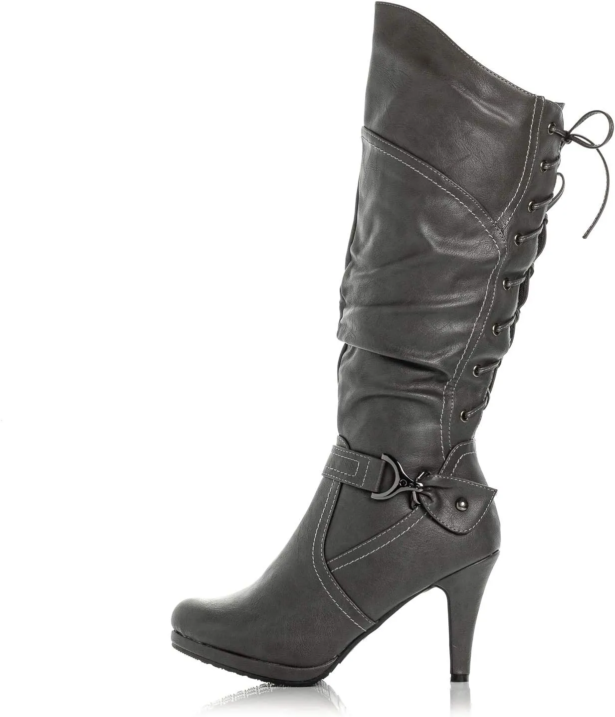 Peggy-01 Women's Knee High Vegan Round Toe Lace Up Style Full Zip Slouched High Heel Boot