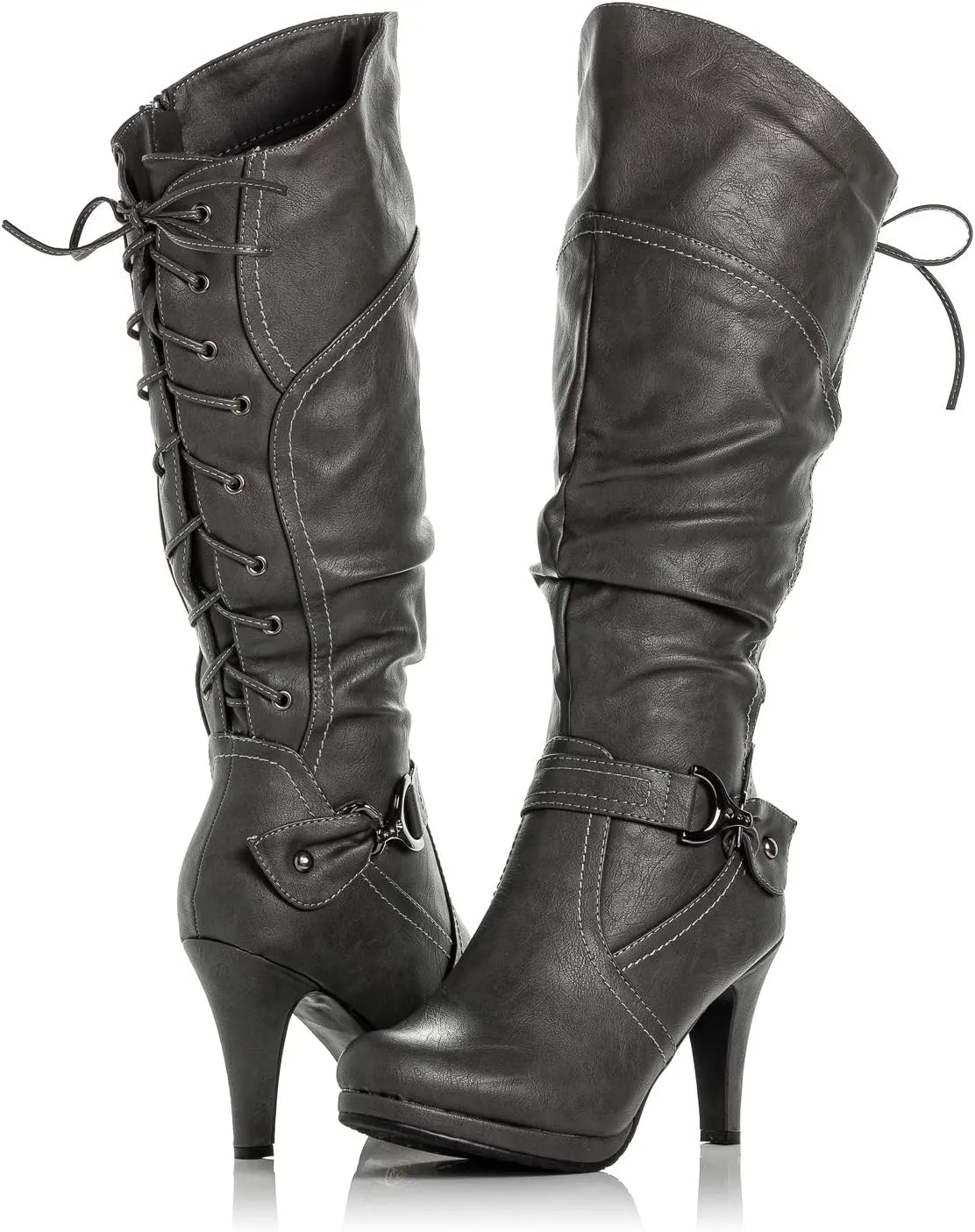 Peggy-01 Women's Knee High Vegan Round Toe Lace Up Style Full Zip Slouched High Heel Boot