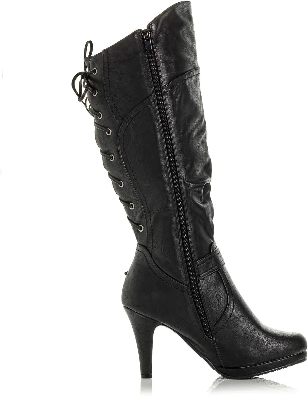 Peggy-01 Women's Knee High Vegan Round Toe Lace Up Style Full Zip Slouched High Heel Boot