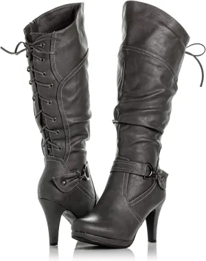 Peggy-01 Women's Knee High Vegan Round Toe Lace Up Style Full Zip Slouched High Heel Boot