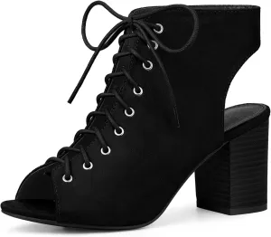 Perphy Lace Up Peep Toe Slingback Heels Chunky Heel Ankle Boots for Women