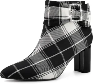 Perphy Plaid Pointy Toe Rhinestone Bow Zipper Chunky Heels Ankle Boots for Women