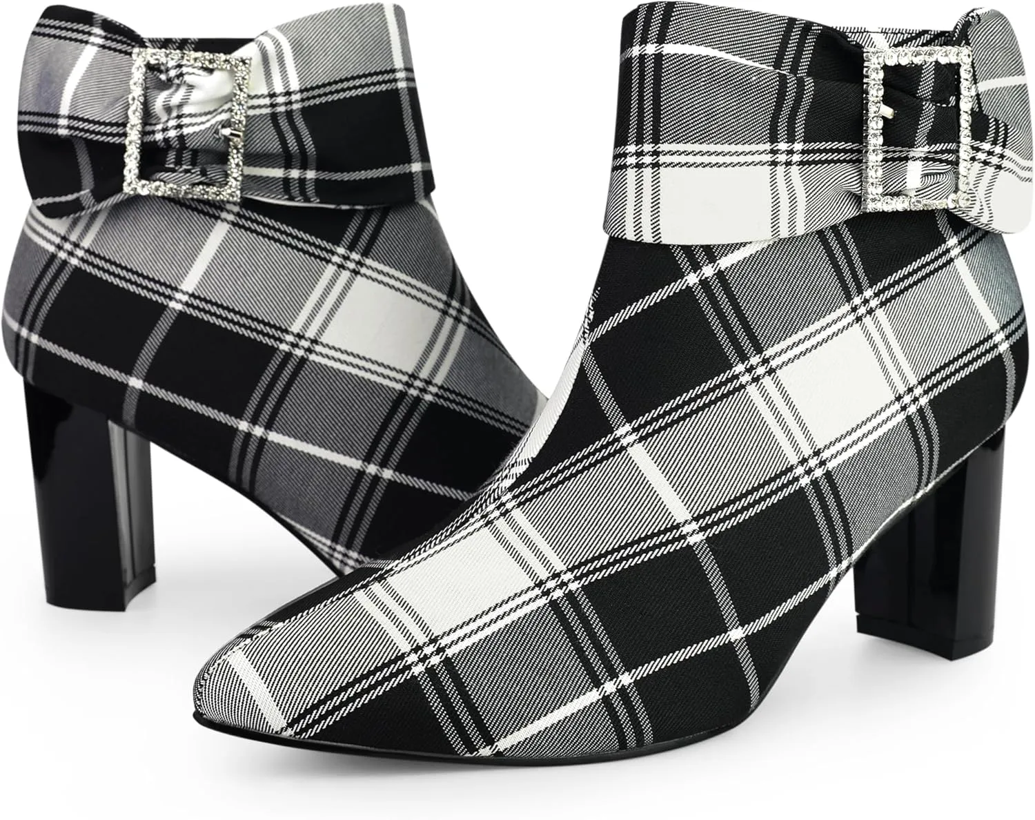 Perphy Plaid Pointy Toe Rhinestone Bow Zipper Chunky Heels Ankle Boots for Women