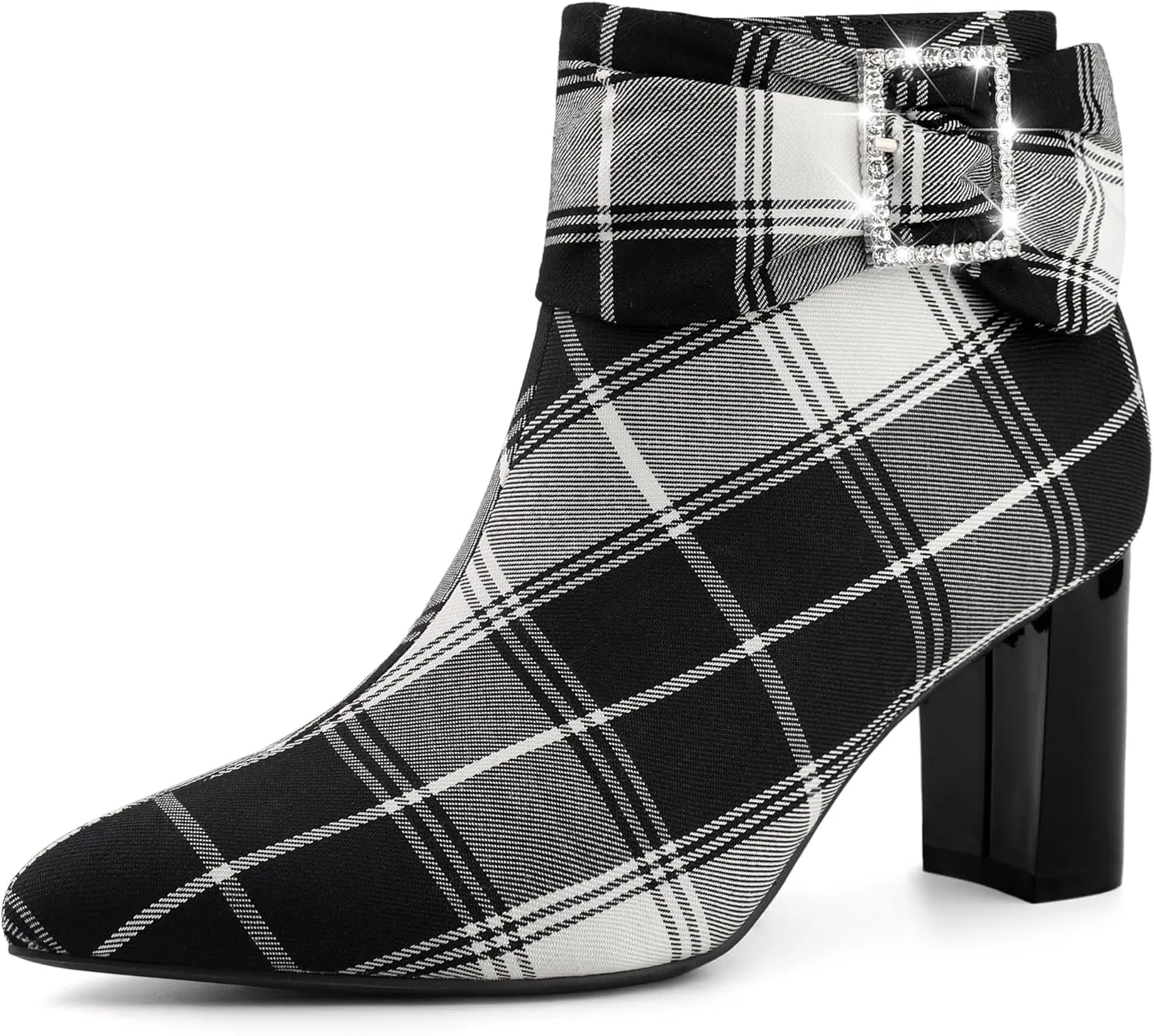 Perphy Plaid Pointy Toe Rhinestone Bow Zipper Chunky Heels Ankle Boots for Women