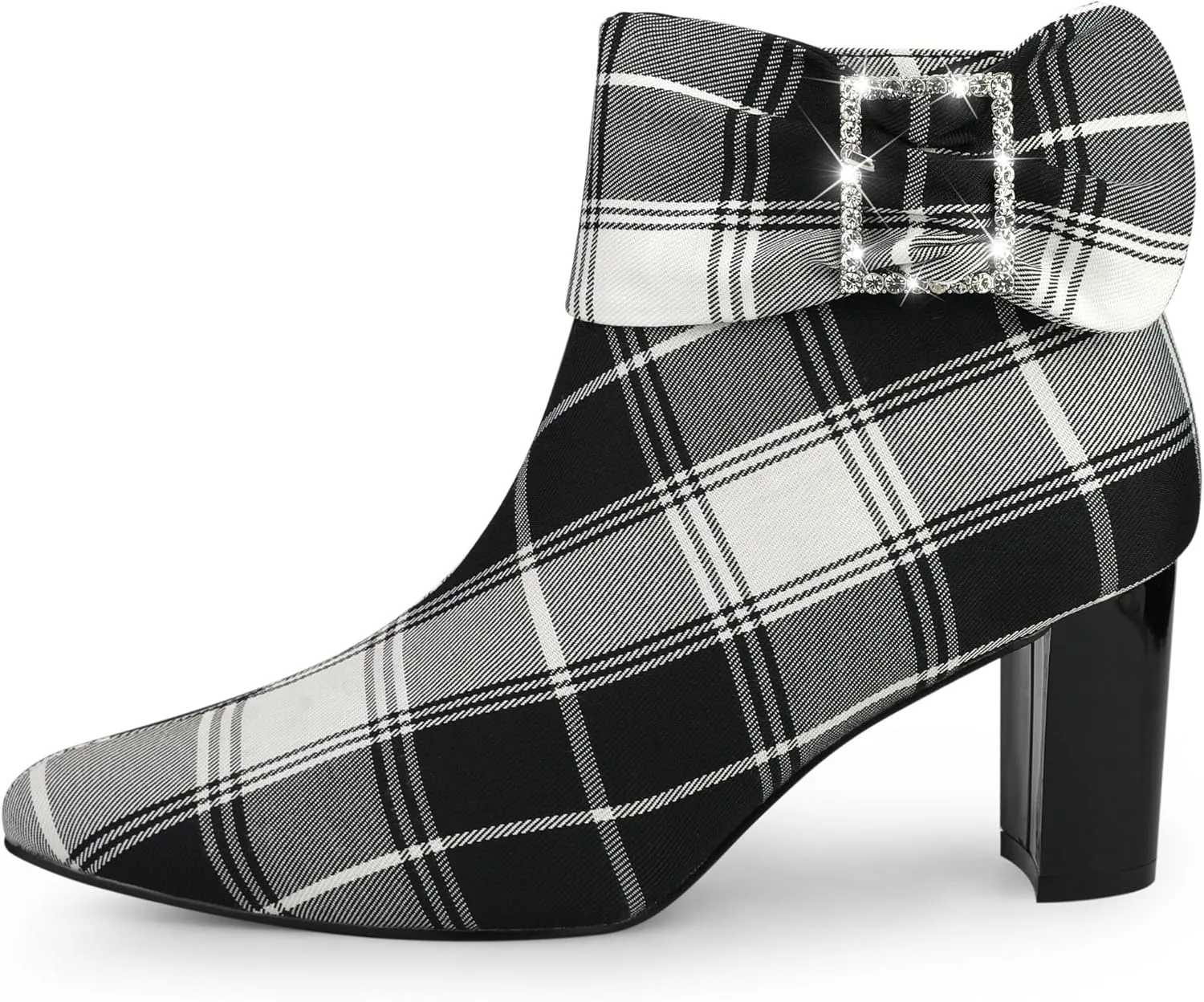 Perphy Plaid Pointy Toe Rhinestone Bow Zipper Chunky Heels Ankle Boots for Women