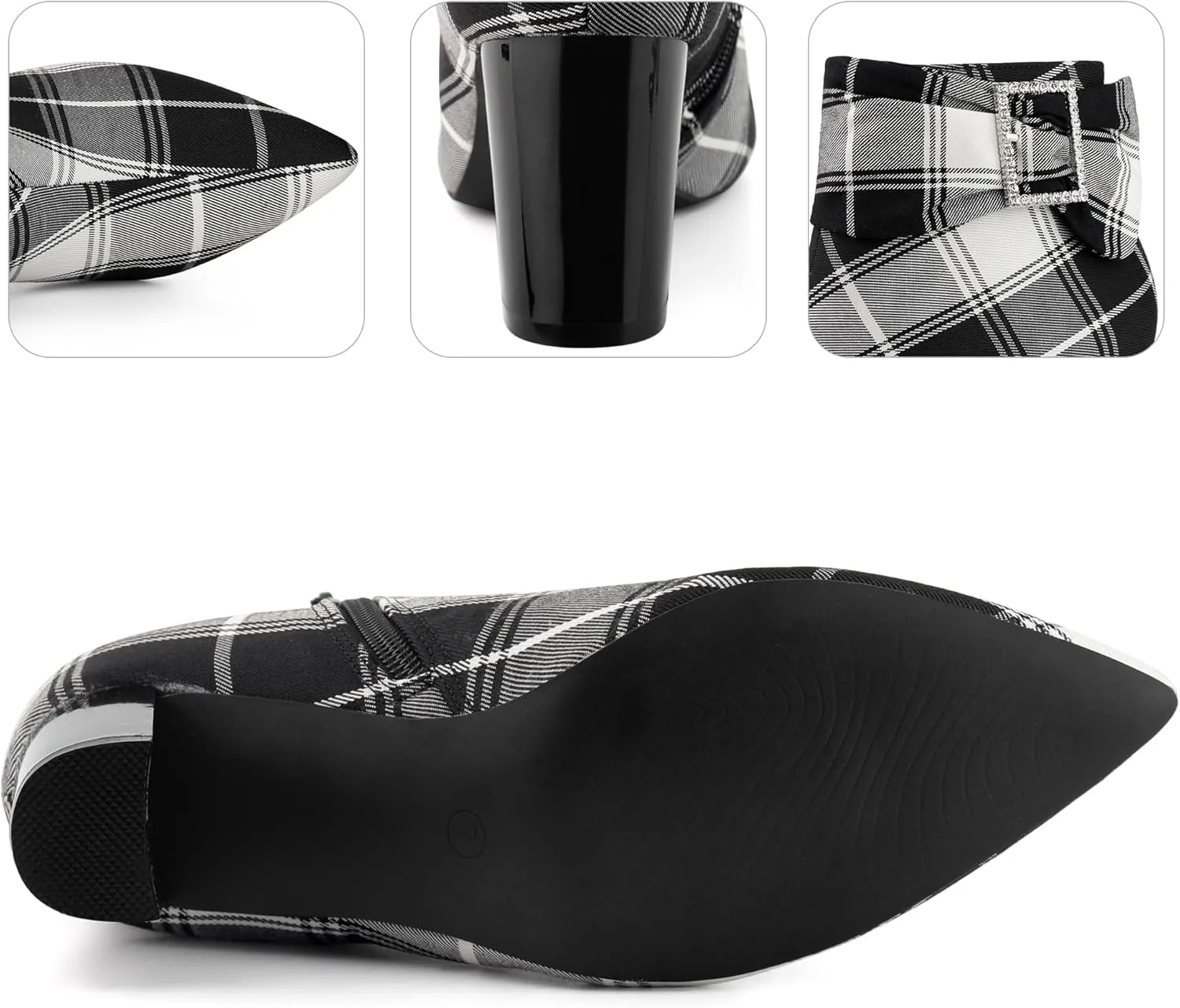 Perphy Plaid Pointy Toe Rhinestone Bow Zipper Chunky Heels Ankle Boots for Women