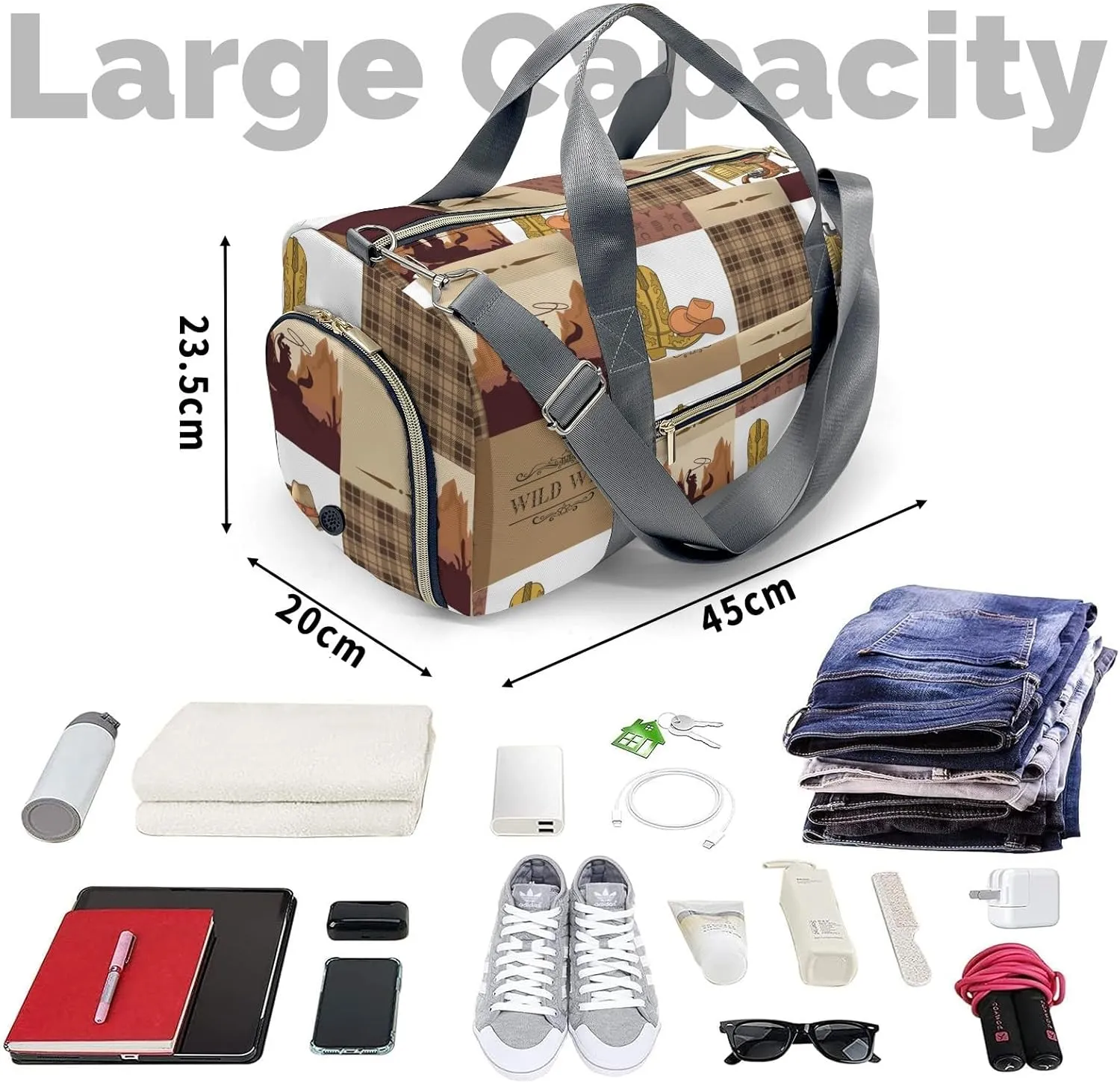 Personalized Gym Bag for Women, Cowboy Western Life Travel Duffle Bag Carry On Weekender Bag with Shoe Compartment