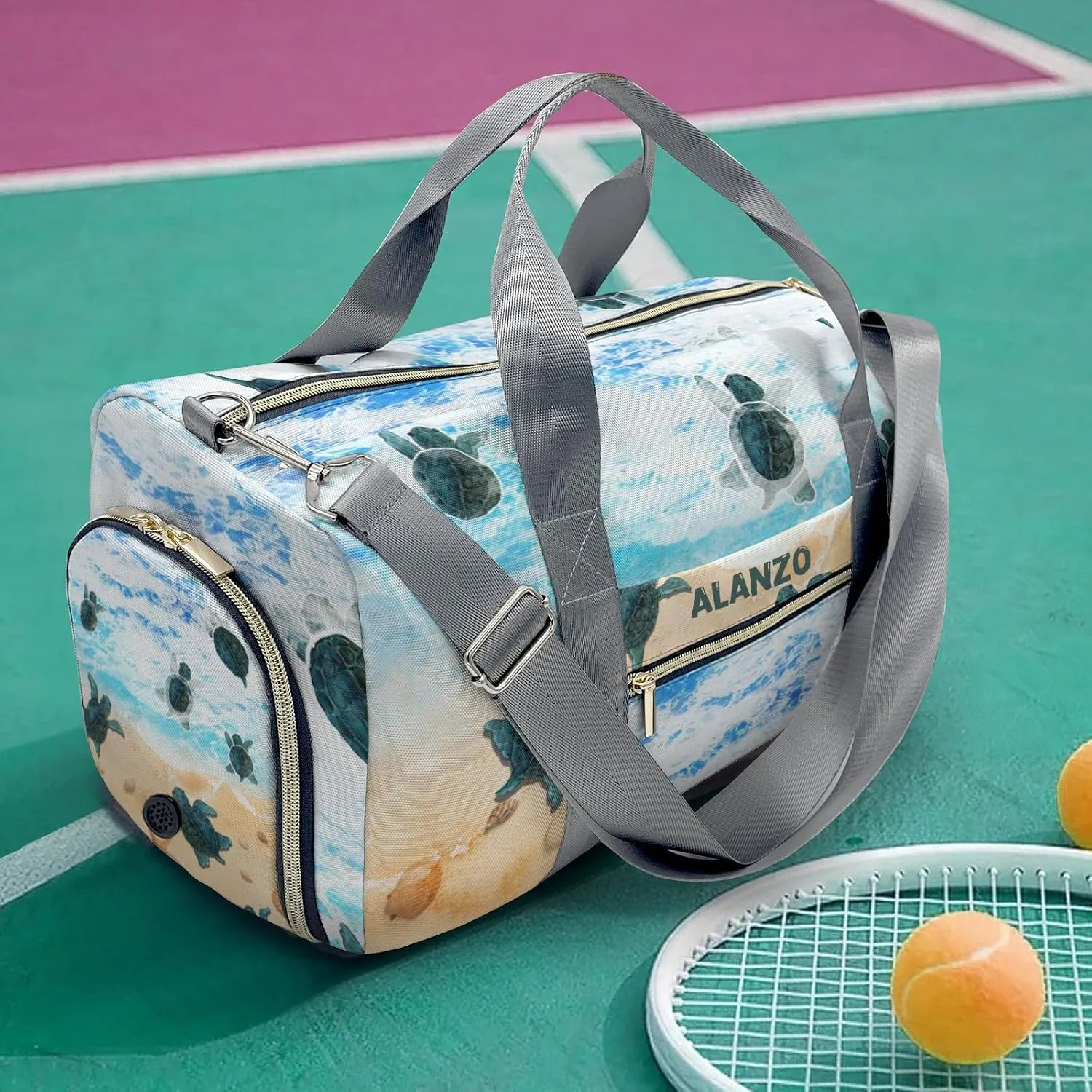 Personalized Gym Bag for Women, Sandy Beach Sea Turtle Travel Duffle Bag Carry On Weekender Bag with Shoe Compartment