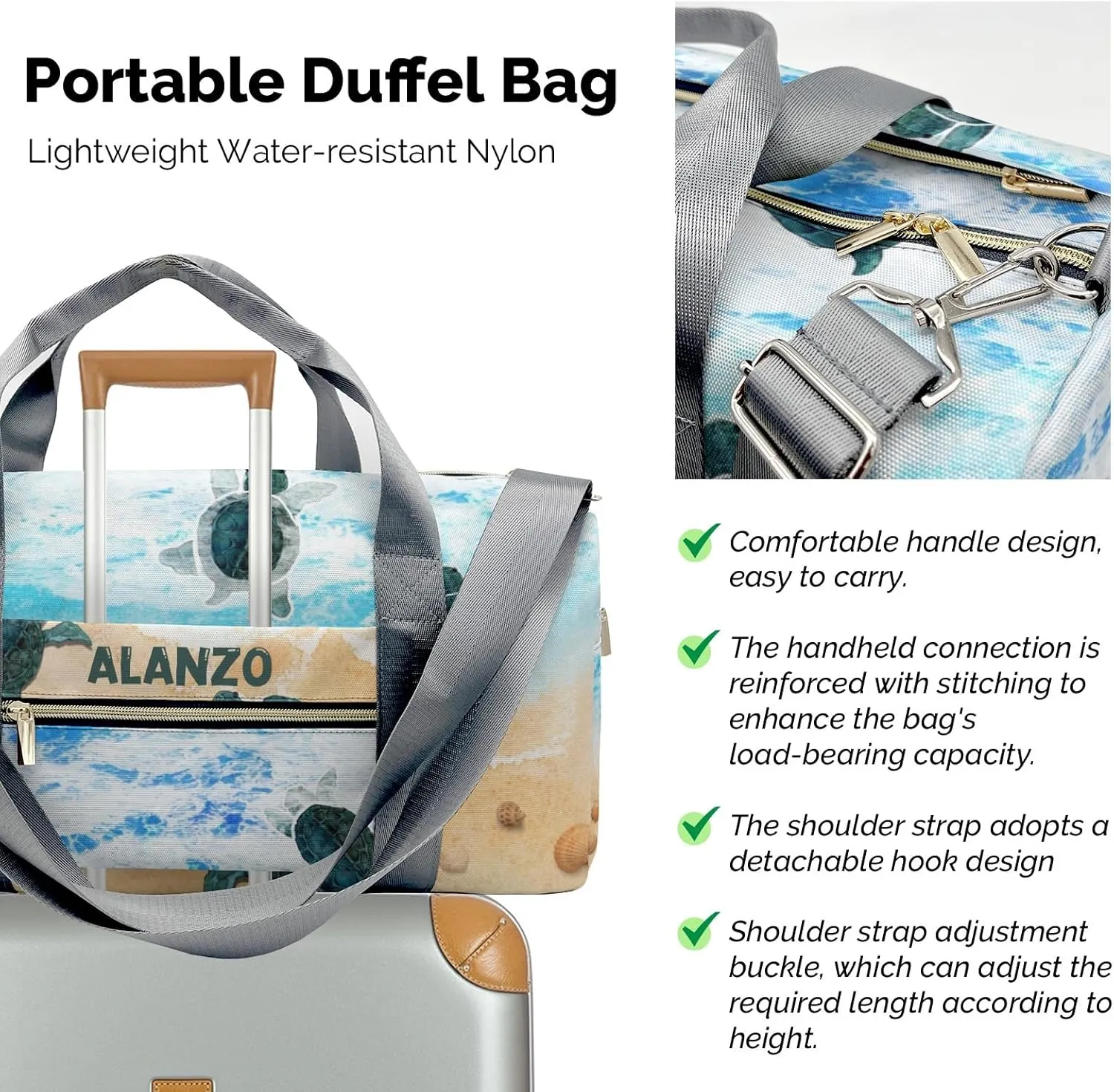 Personalized Gym Bag for Women, Sandy Beach Sea Turtle Travel Duffle Bag Carry On Weekender Bag with Shoe Compartment
