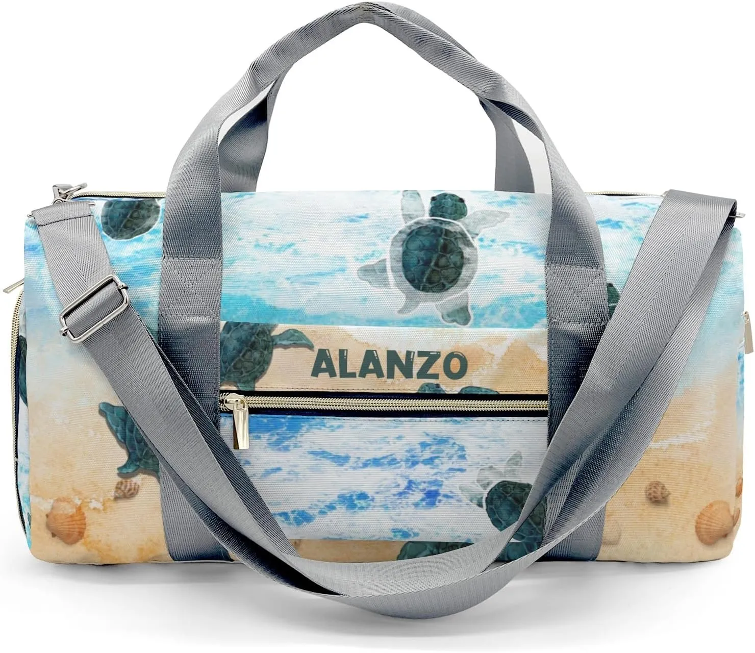 Personalized Gym Bag for Women, Sandy Beach Sea Turtle Travel Duffle Bag Carry On Weekender Bag with Shoe Compartment