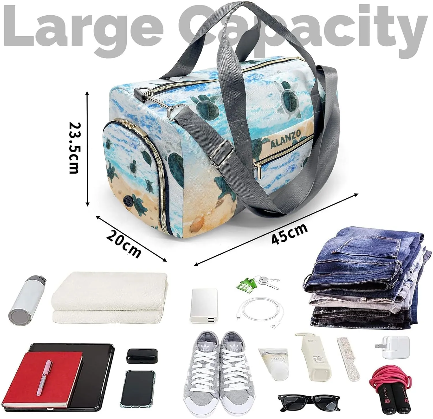 Personalized Gym Bag for Women, Sandy Beach Sea Turtle Travel Duffle Bag Carry On Weekender Bag with Shoe Compartment