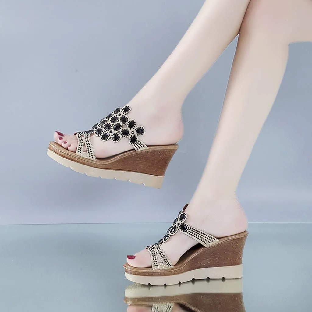 Platform Sandals Women Rhinestone Wedge Slippers Fashion Bohemian Sandals Comfortable Slip on Beach Slippers