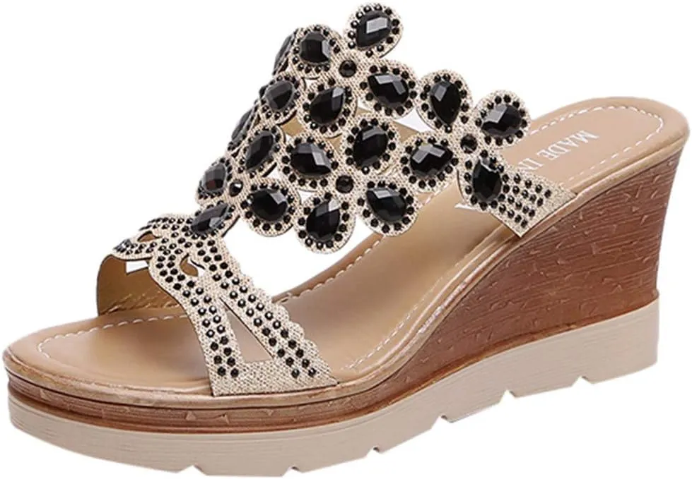Platform Sandals Women Rhinestone Wedge Slippers Fashion Bohemian Sandals Comfortable Slip on Beach Slippers