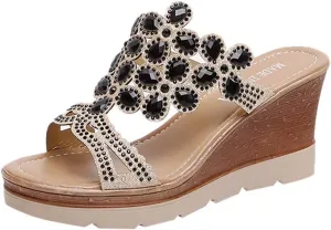 Platform Sandals Women Rhinestone Wedge Slippers Fashion Bohemian Sandals Comfortable Slip on Beach Slippers