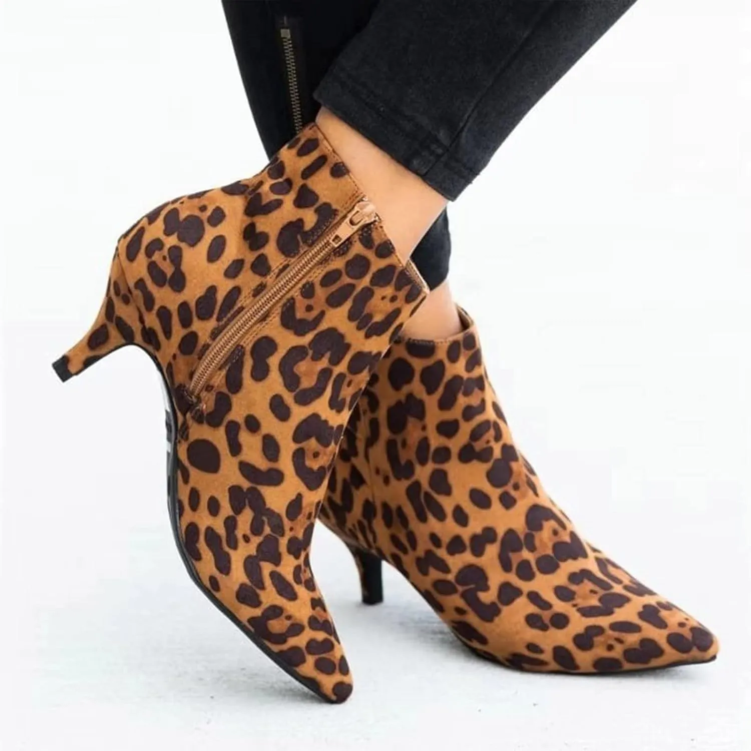 Pointed Toe Cutout Kitten Heel Ankle Boots for Women Fashion Low Heel Booties Leopard Fashion Short Boot Shoes