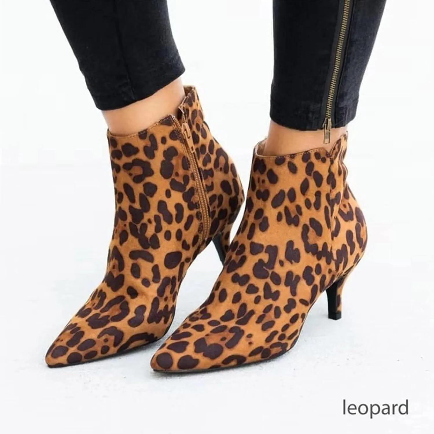 Pointed Toe Cutout Kitten Heel Ankle Boots for Women Fashion Low Heel Booties Leopard Fashion Short Boot Shoes