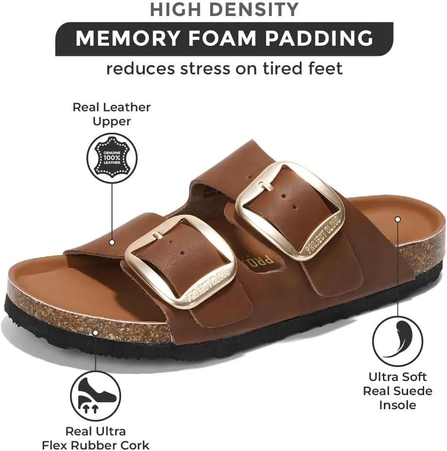 Project Cloud Genuine Leather Flat Sandals for Women 2025 Comfortable Beach Essentials Womens Sandals Memory Foam Vacation Essentials Slides for Women Footwear (Santorini)