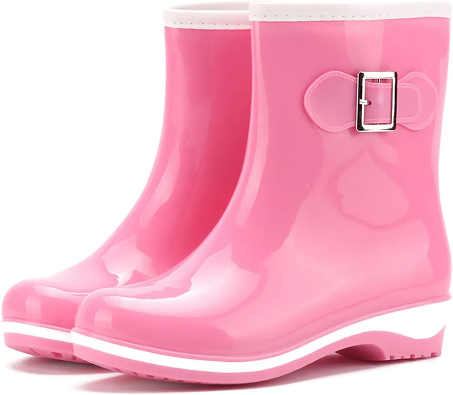 Rain Boots for Women Mid Calf Fashion Waterproof Plastic Low Heel Jelly Color Hasp Slip-on High Boots Comfy Casual Round Toe Square Heel Shoes