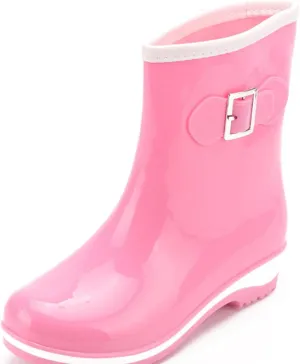 Rain Boots for Women Mid Calf Fashion Waterproof Plastic Low Heel Jelly Color Hasp Slip-on High Boots Comfy Casual Round Toe Square Heel Shoes