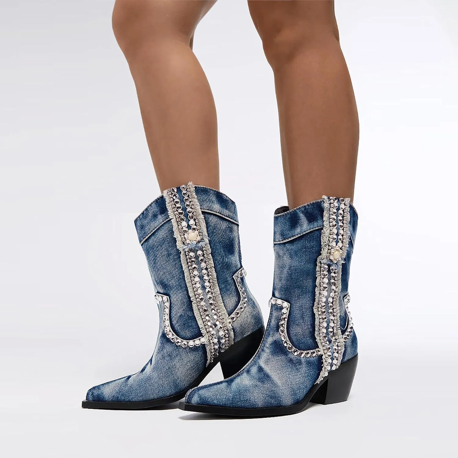 Rhinestones Denim Boots for Women Sparkly Wide Calf Cowboy Boots Almond Pointed Toe Chunky Block Heel Jean Mid Calf Cowgirl Boots Western Retro Jeans Ankle Short Boots