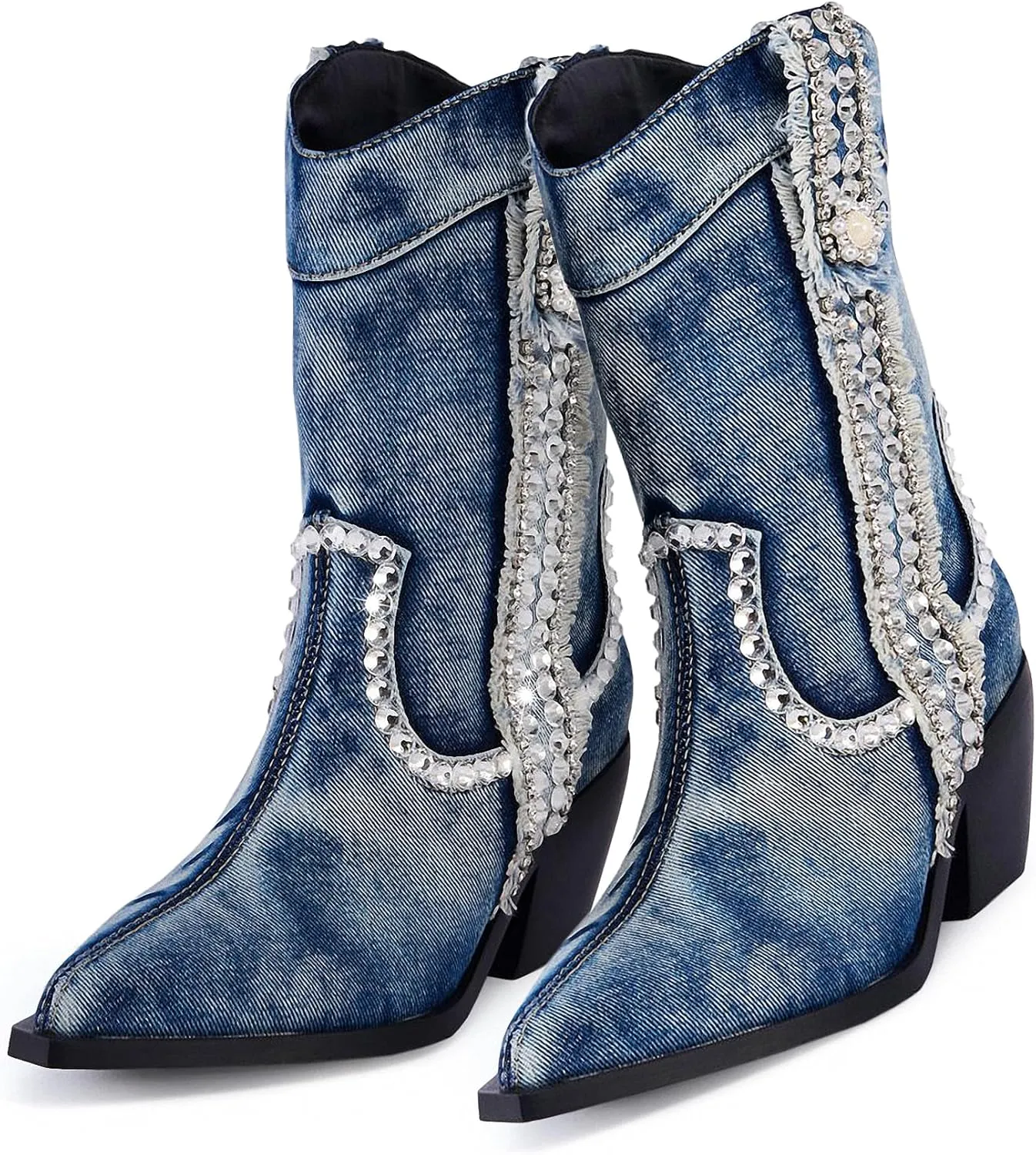 Rhinestones Denim Boots for Women Sparkly Wide Calf Cowboy Boots Almond Pointed Toe Chunky Block Heel Jean Mid Calf Cowgirl Boots Western Retro Jeans Ankle Short Boots