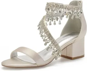 Rhinestones Wedding Sandals Block Heel Open Toe 2" Chunky Heels for Bride Women Dress Shoes