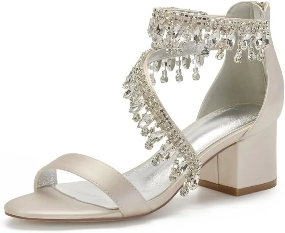 Rhinestones Wedding Sandals Block Heel Open Toe 2" Chunky Heels for Bride Women Dress Shoes