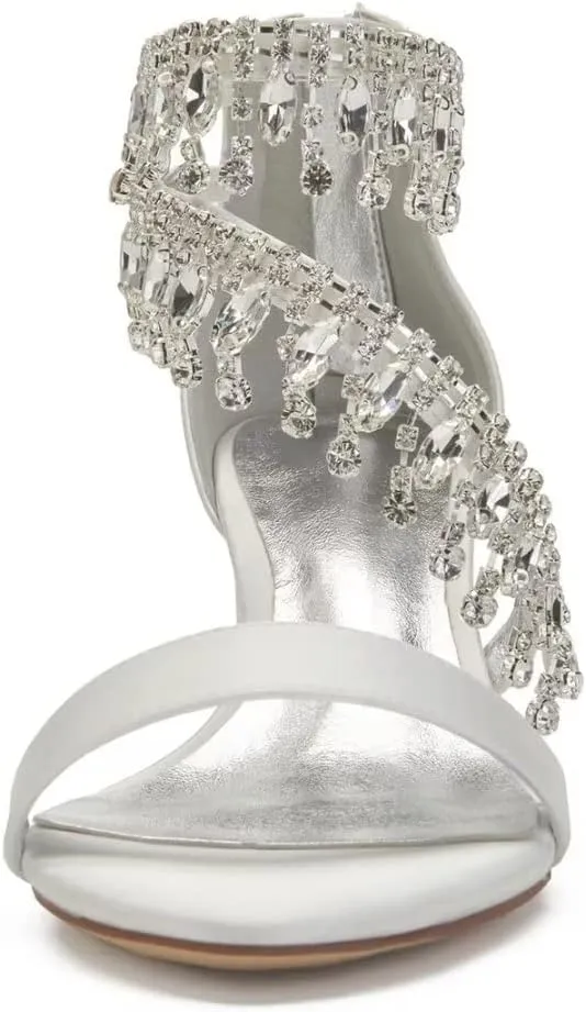 Rhinestones Wedding Sandals Block Heel Open Toe 2" Chunky Heels for Bride Women Dress Shoes