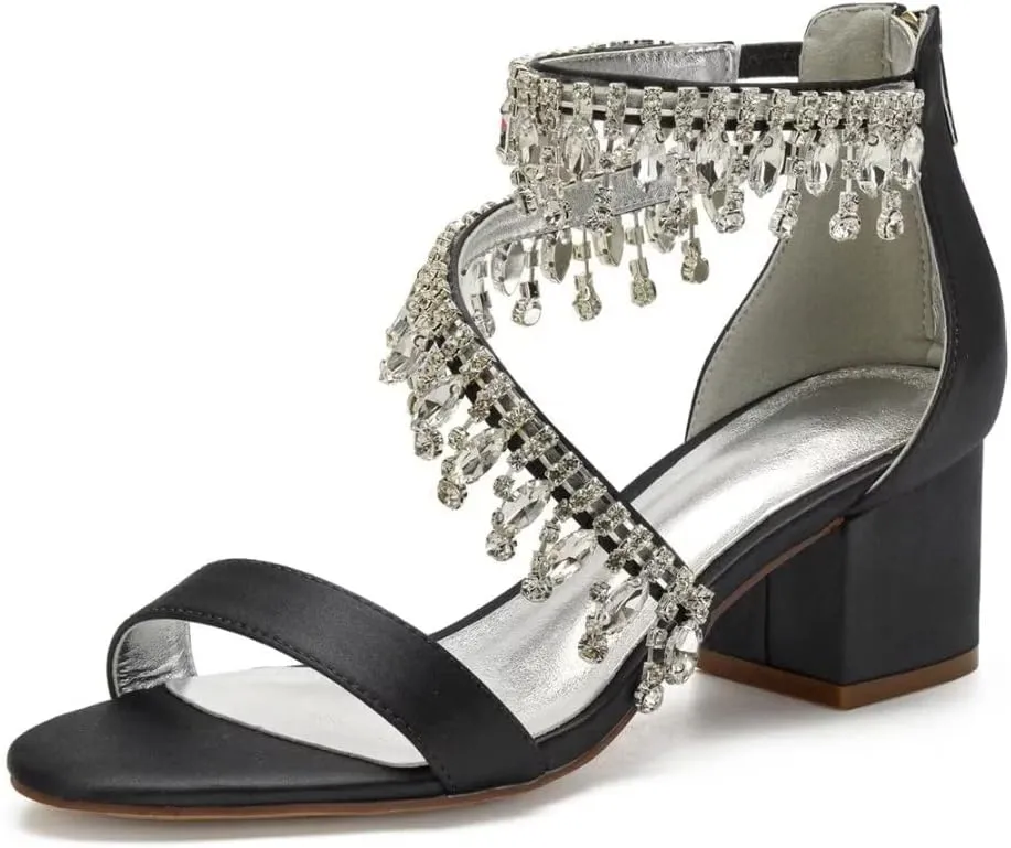 Rhinestones Wedding Sandals Block Heel Open Toe 2" Chunky Heels for Bride Women Dress Shoes
