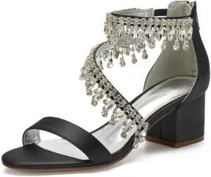 Rhinestones Wedding Sandals Block Heel Open Toe 2" Chunky Heels for Bride Women Dress Shoes