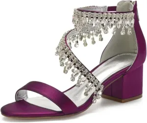 Rhinestones Wedding Sandals Block Heel Open Toe 2" Chunky Heels for Bride Women Dress Shoes