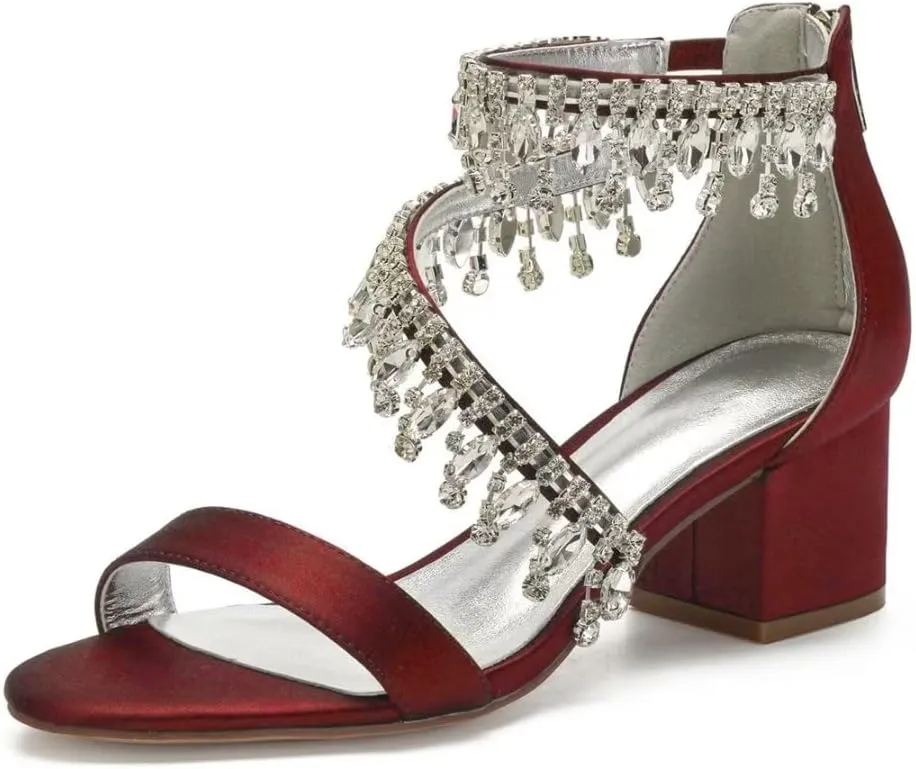 Rhinestones Wedding Sandals Block Heel Open Toe 2" Chunky Heels for Bride Women Dress Shoes