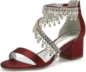 Rhinestones Wedding Sandals Block Heel Open Toe 2" Chunky Heels for Bride Women Dress Shoes