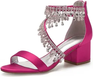 Rhinestones Wedding Sandals Block Heel Open Toe 2" Chunky Heels for Bride Women Dress Shoes