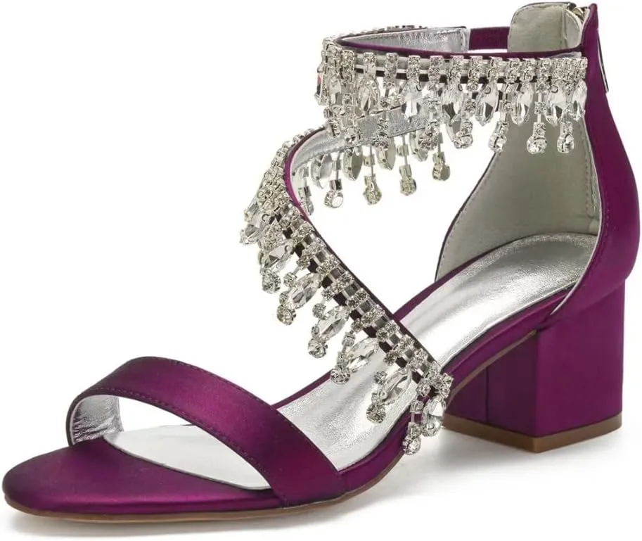 Rhinestones Wedding Sandals Block Heel Open Toe 2" Chunky Heels for Bride Women Dress Shoes